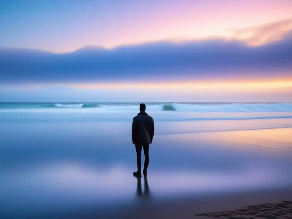 La silueta contemplativa de una figura solitaria en una playa al amanecer, reflejando el poder transformador de las palabras poéticas