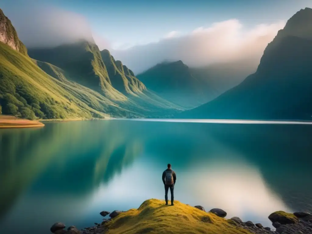 Silueta contemplativa frente al lago, montañas reflejadas en el agua