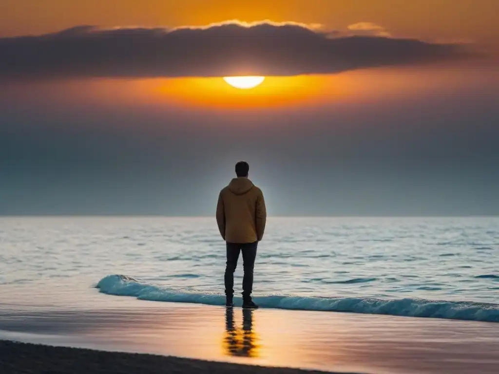 Silueta contemplativa frente al mar al atardecer, expresando emociones complejas en poesía