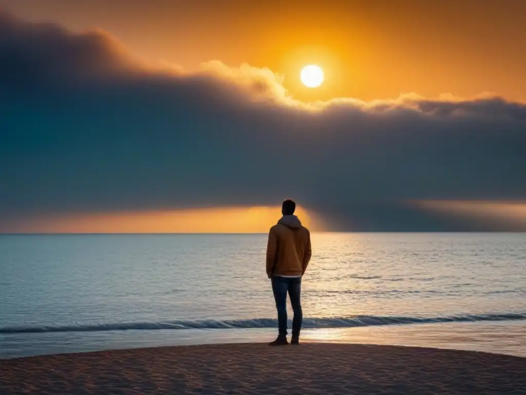 Silueta contemplativa frente al mar al atardecer, simbolizando superación personal a través de la poesía