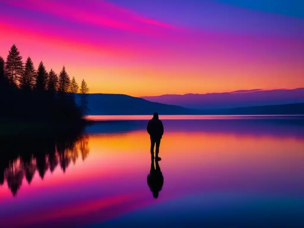 Silueta contemplativa junto al lago al atardecer, reflejando colores vibrantes