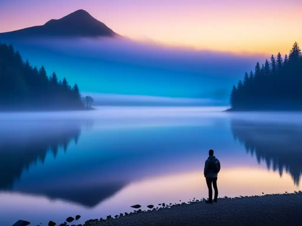 Silueta contemplativa en lago al amanecer, reflejo del cielo en el agua