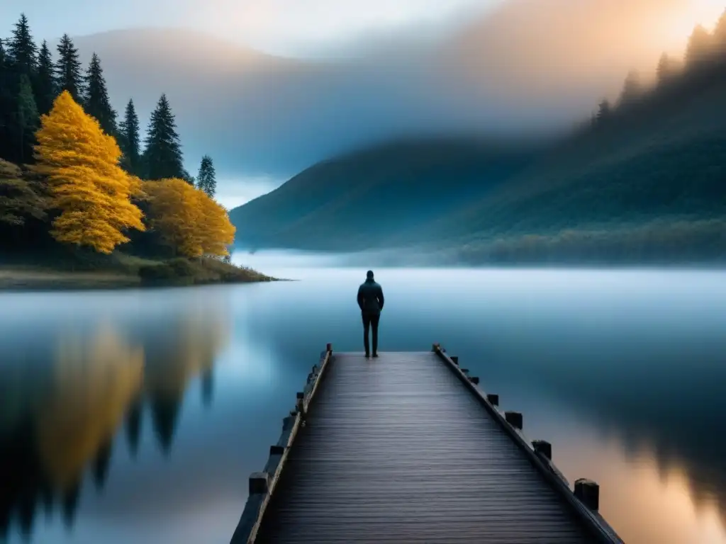 Silueta contemplativa en lago al amanecer, reflejando el flujo de conciencia en poesía