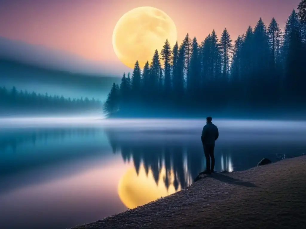 Silueta contemplativa en lago neblinoso bajo luna llena