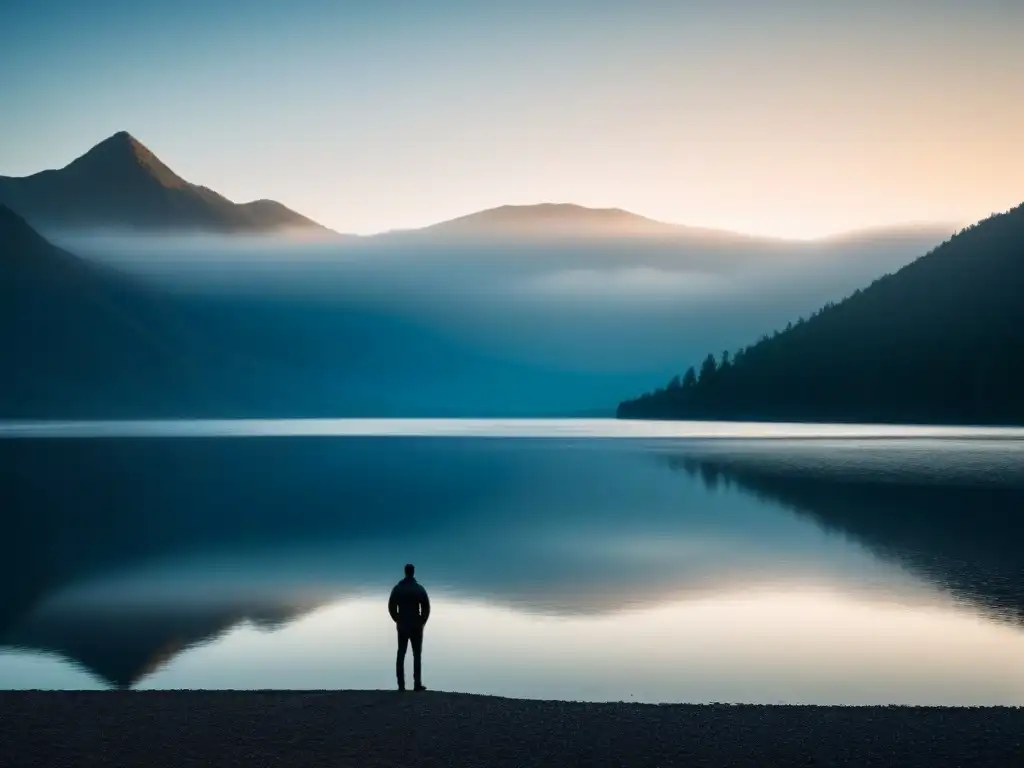 Silueta contemplativa en lago reflectante
