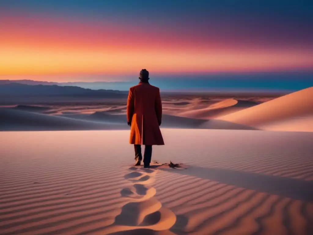 Silueta en desierto al atardecer, listo para escribir, reflejando el poder transformador de las palabras