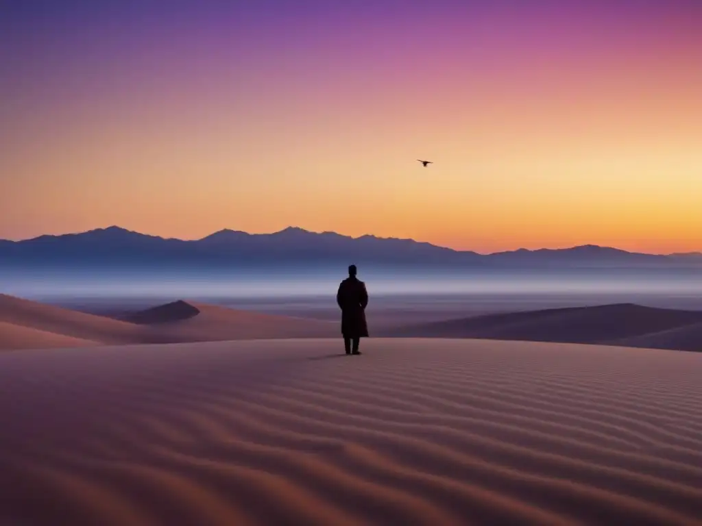 Silueta en desierto al atardecer, reflejo de soledad, fuerza y poder transformador de la poesía para identidades marginadas