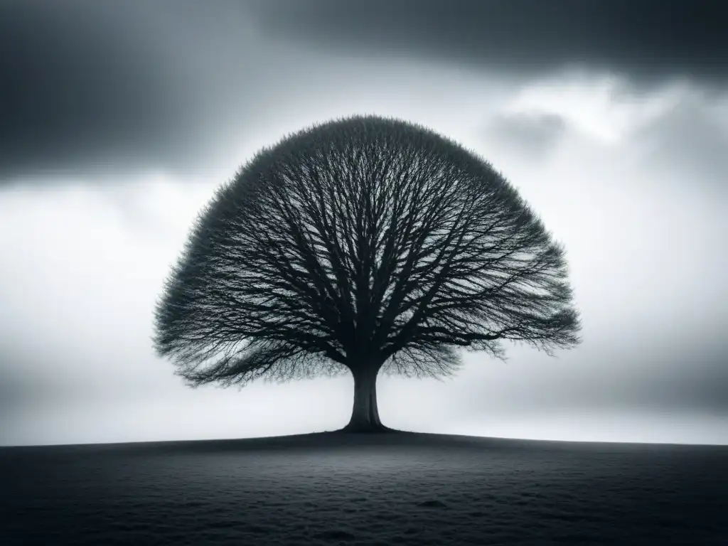 Silueta detallada de un árbol solitario en un paisaje vacío, bajo un cielo nublado