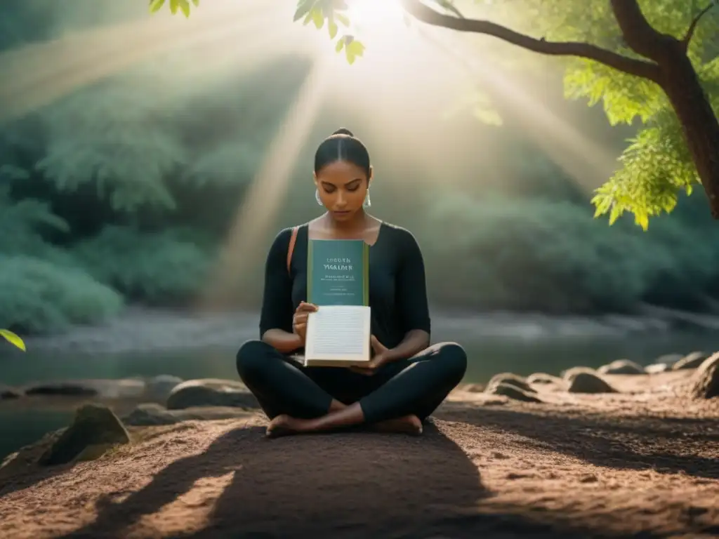 Figura en silueta meditando en entorno natural con libros y metáforas flotantes, reflejando la poesía como herramienta de autoconocimiento