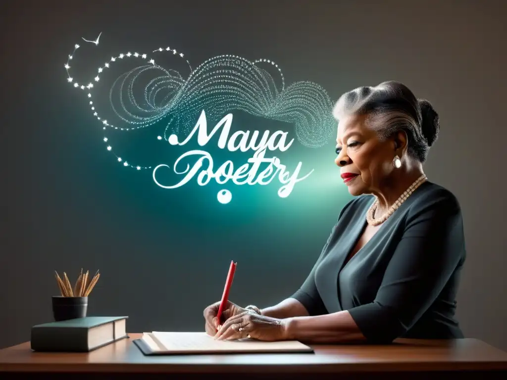 La silueta de Maya Angelou escribiendo poesía en un escritorio, con versos realistas flotando a su alrededor