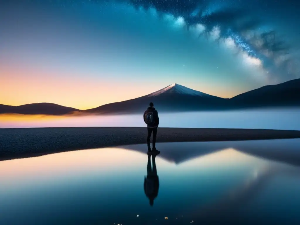 Silueta frente al lago estrellado, reflejo en el agua, poesía personal transformadora universal