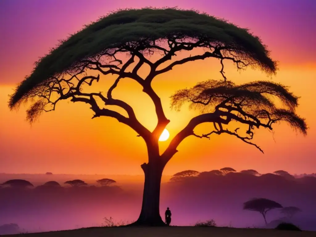 Poesía africana entre ramas: arte, naturaleza y activismo Silueta intricada de acacia africana en atardecer vibrante con poesía en caligrafía, fusionando naturaleza, arte y activismo poesía corazón África