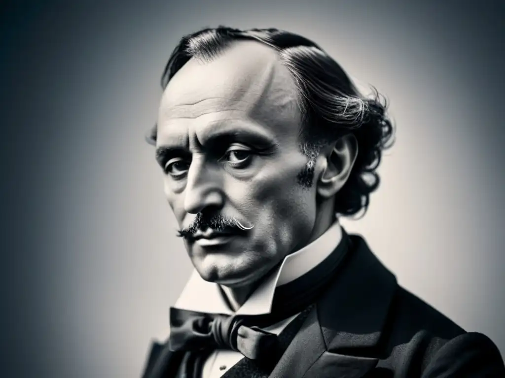 Silueta minimalista en blanco y negro de Charles Baudelaire, exudando misterio y profundidad intelectual