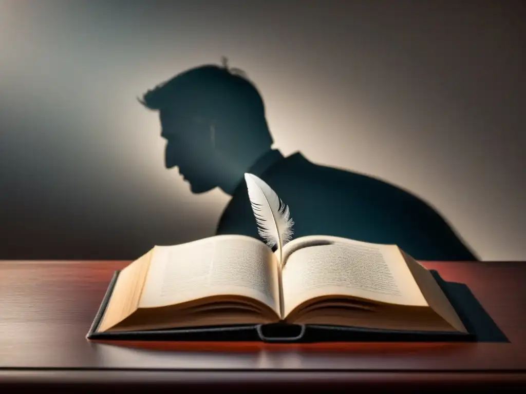 Legado poético: pluma y libro de Juan de Tassis y Peralta Silueta minimalista en blanco y negro de una pluma sobre un libro abierto, proyectando la sombra de un noble, evocando la poesía transformadora de Juan Tassis Peralta