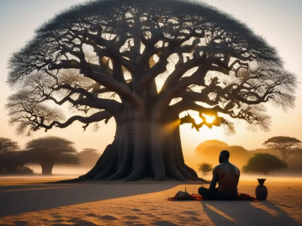 Silueta minimalista de un cuentacuentos africano bajo un baobab, rodeado de símbolos digitales evocando la evolución poesía africana era digital