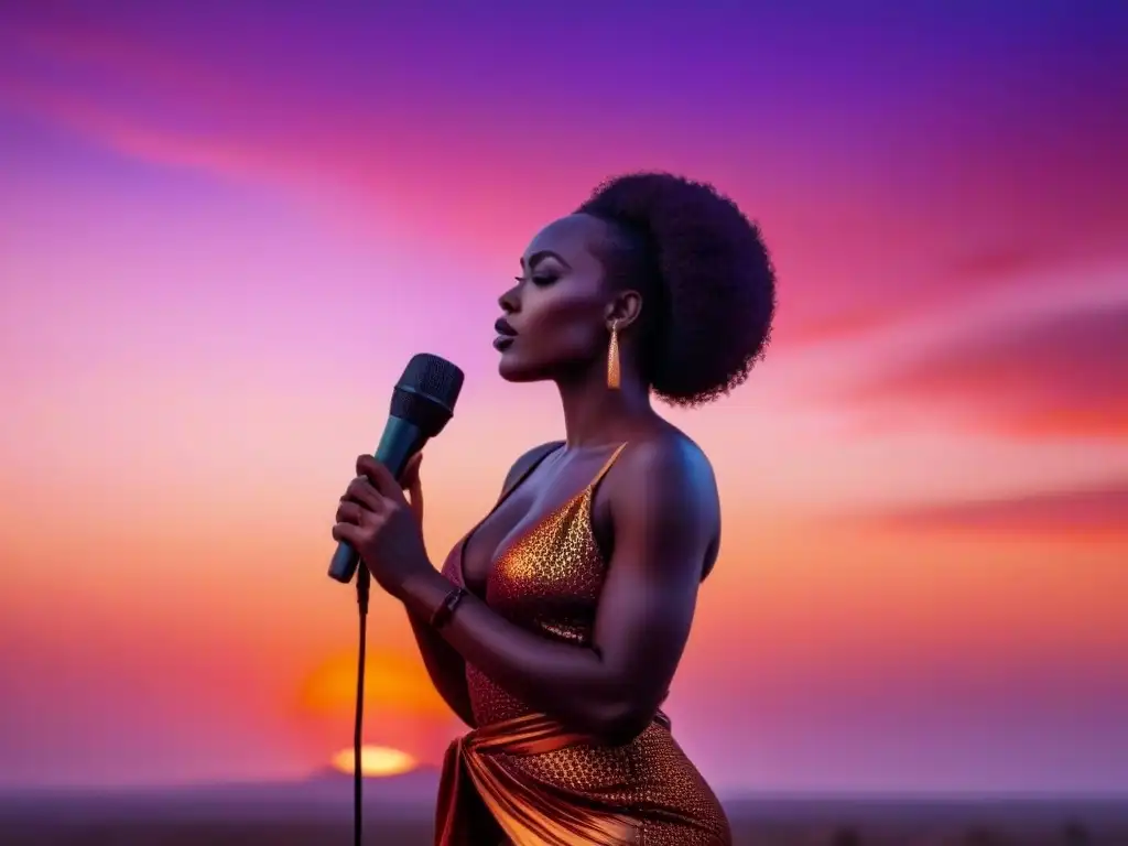 Silueta de mujer africana frente a un vibrante atardecer, irradiando empoderamiento femenino en la poesía africana