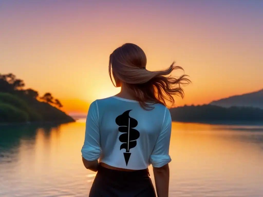 Silueta de mujer con cabello al viento sosteniendo un bolígrafo y símbolo feminista, al atardecer en un lago tranquilo