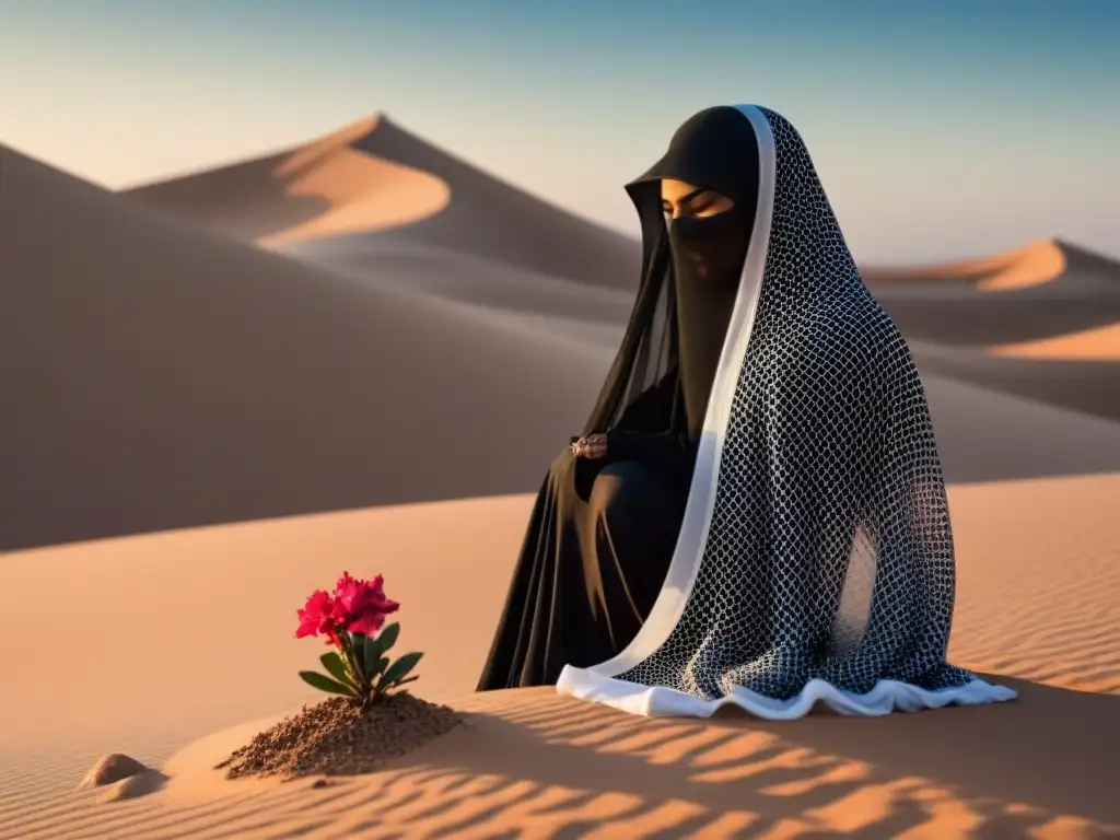 Empoderamiento y transformación: poesía árabe femenina Silueta de mujer velada admirando rosa en desierto, simbolizando transformación en poesía de mujeres árabes