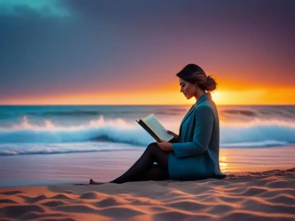 Silueta en atardecer vibrante: poesía Beat y libertad en la playa Silueta en playa al atardecer, libro de Poesía Beat, libertad y contemplación