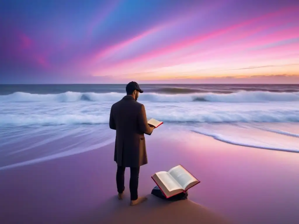 Silueta leyendo poesía al amanecer en playa desierta