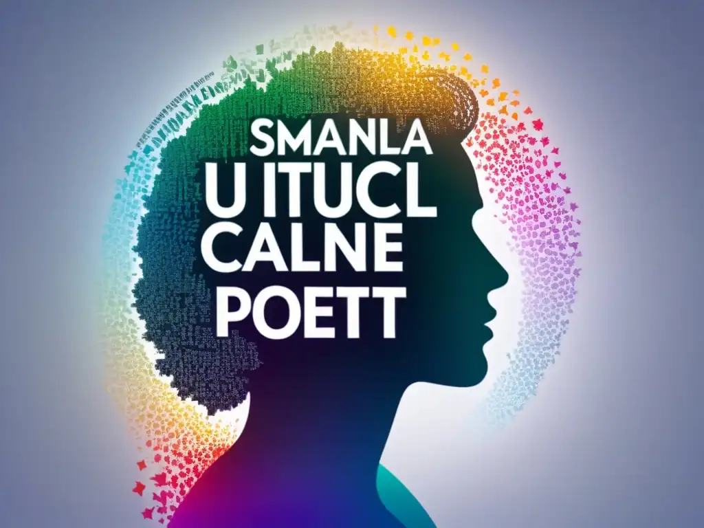 Silueta de poeta con palabras y colores vibrantes, fusionando poesía y arte visual: Relación Simbiótica