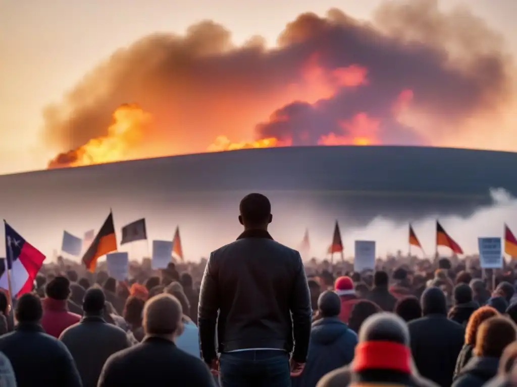 Silueta en protesta, rodeada de multitud enérgica y cielo en llamas al atardecer