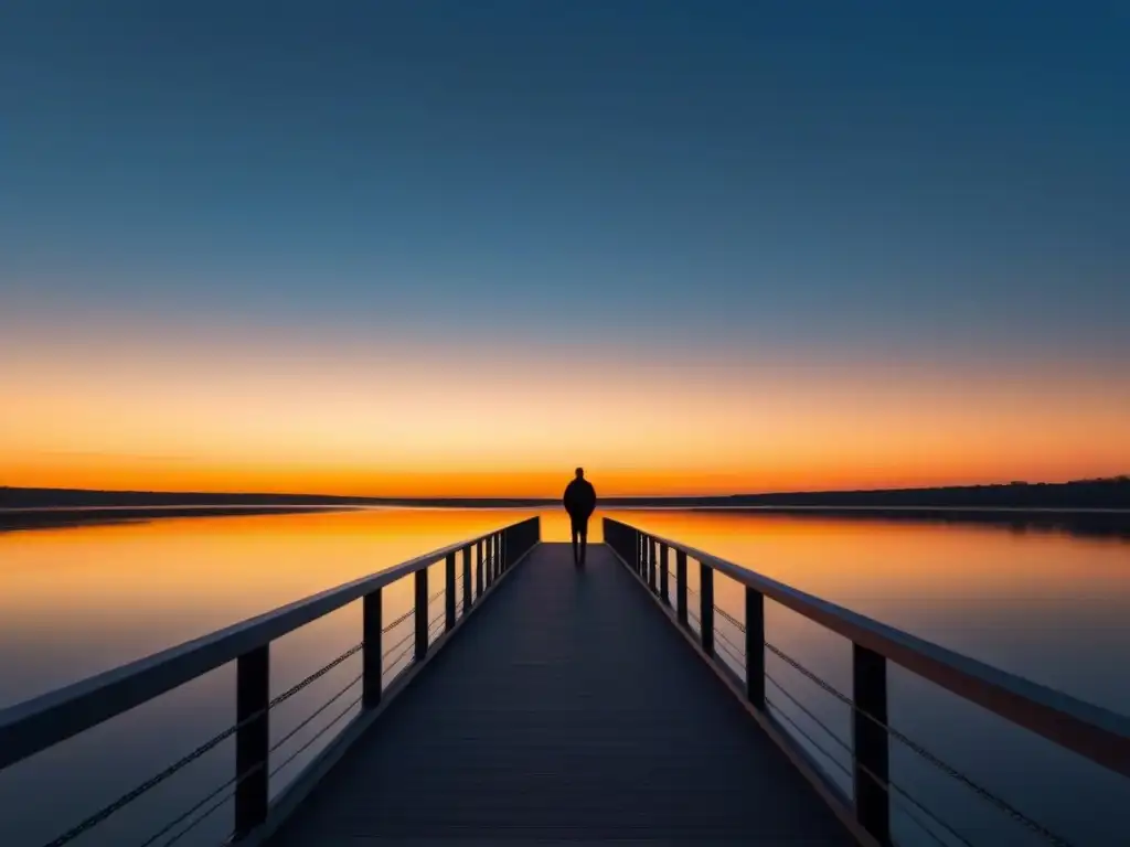 Silueta en puente contempla río: poesía, autoaceptación, transformación