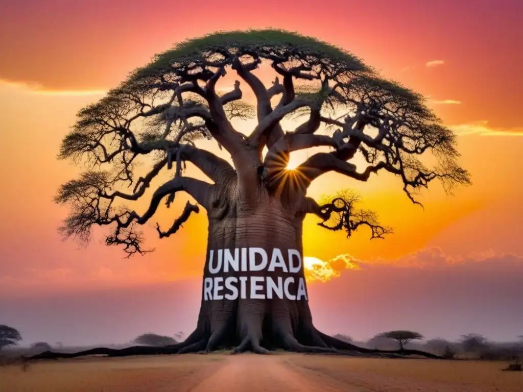 Árbol de baobab: resistencia, unidad y esperanza en el atardecer africano Silueta de baobab con raíces en palabras de resistencia, unidad y esperanza en lenguas africanas, bajo un vibrante atardecer