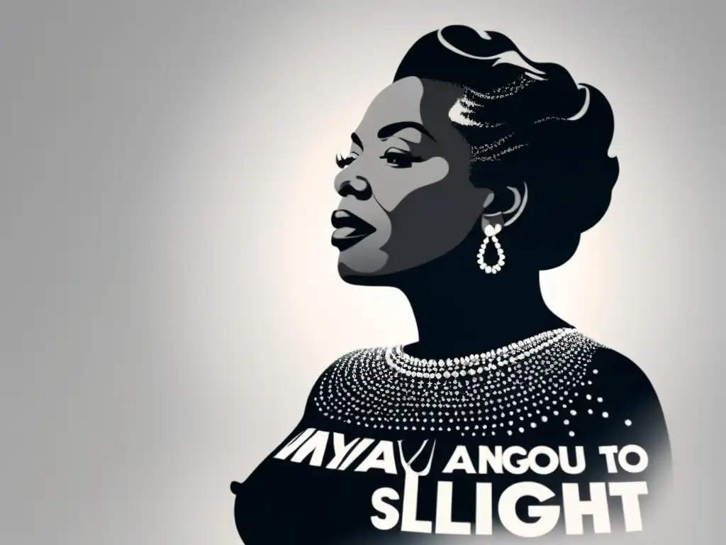 Silueta de Maya Angelou rodeada de versos realistas en ilustración en blanco y negro