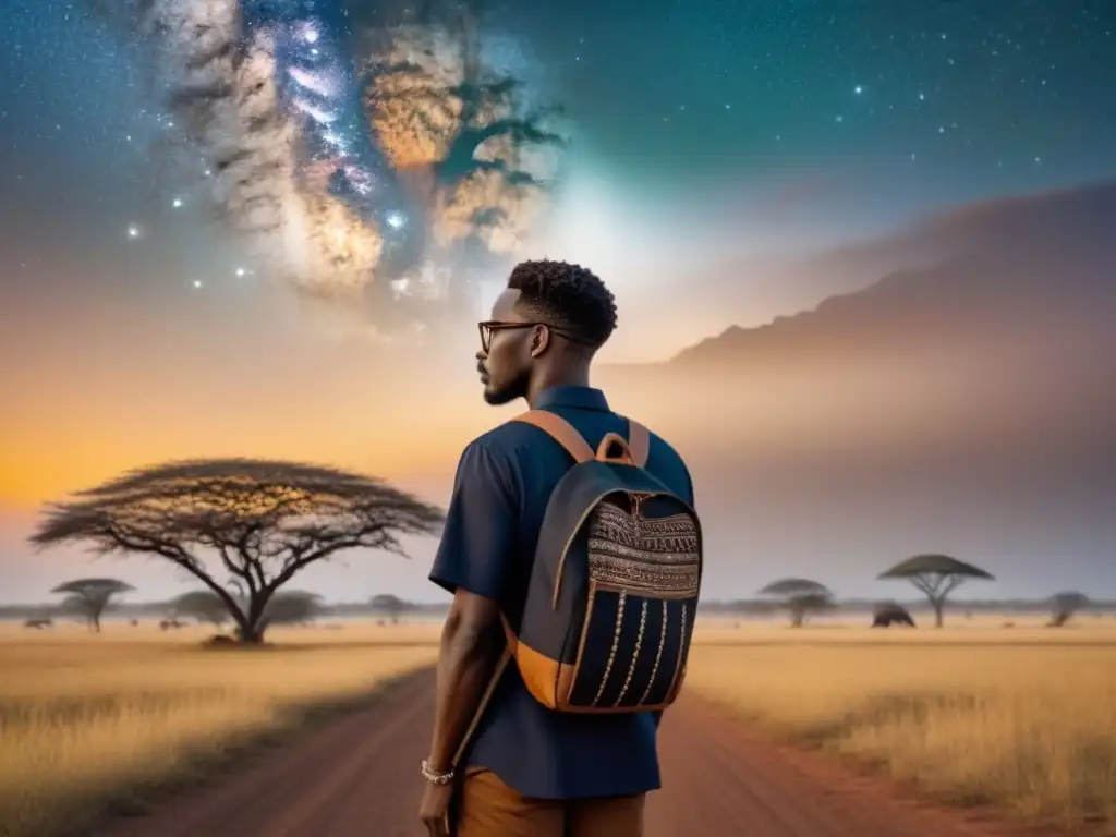Poeta africano: la pluma de la libertad Silueta poeta en África, rodeado de elementos tribales y la sabana estrellada