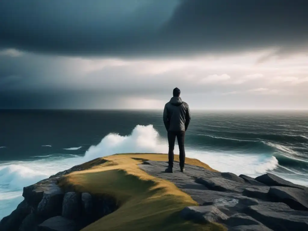 Silueta solitaria en acantilado, contemplando el mar agitado bajo un cielo tormentoso