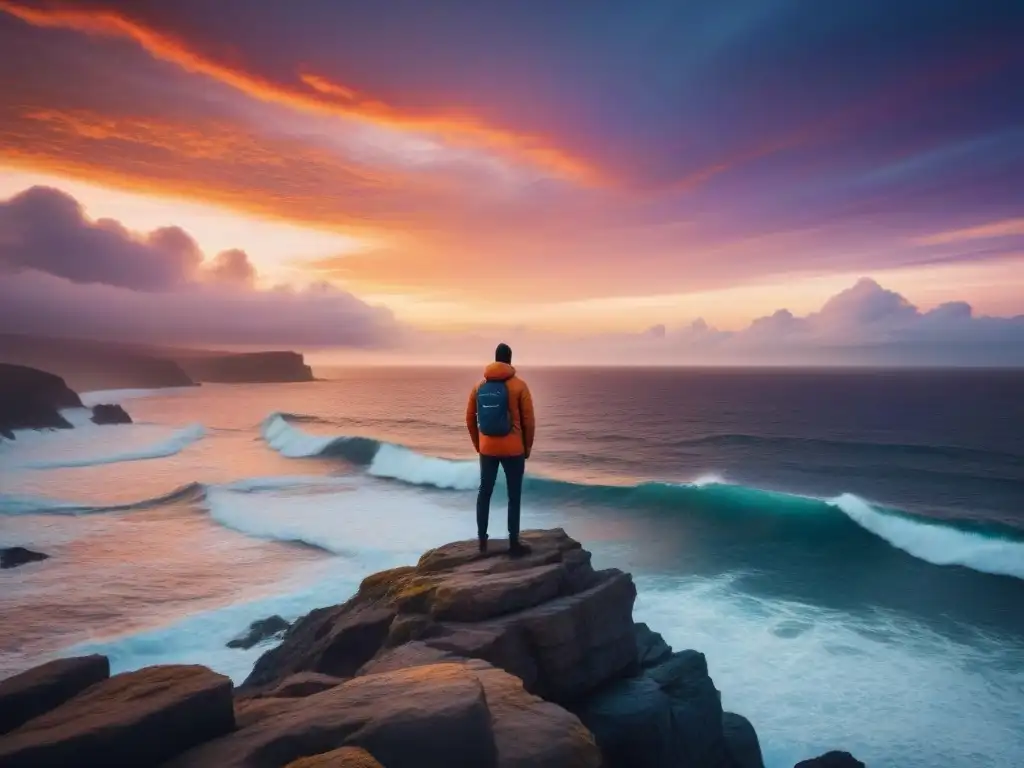 Silueta solitaria en acantilado, contemplando el océano turbulento al atardecer, transmitiendo estructura oda impacto emocional