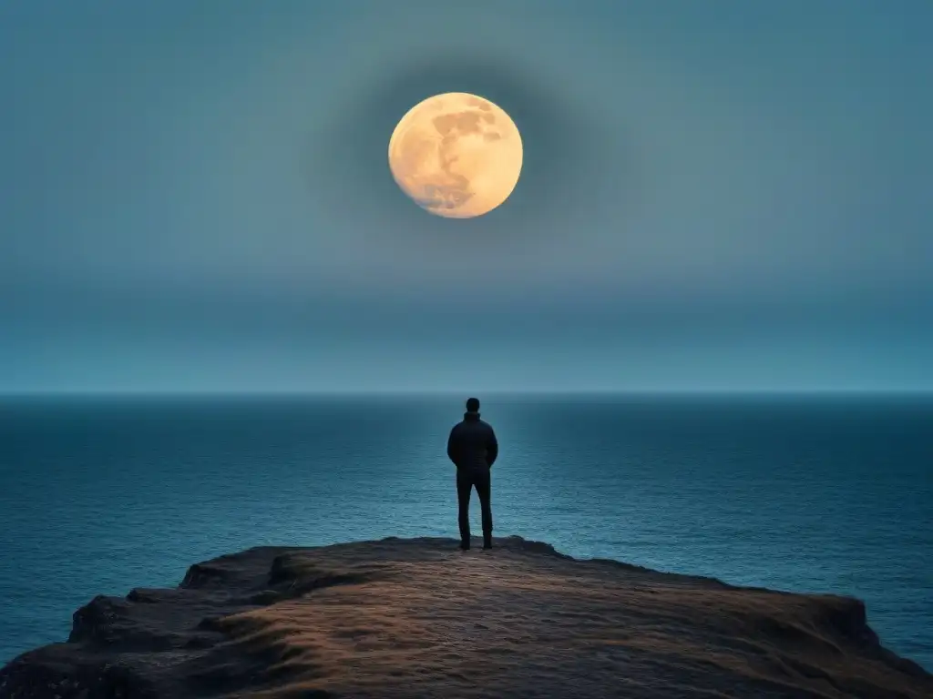 Silueta solitaria en acantilado, contemplando el vasto mar bajo la luz de la luna