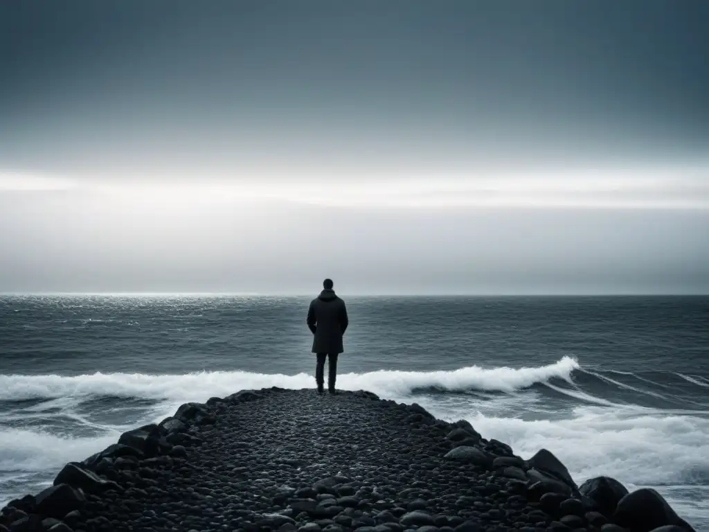 Silueta solitaria en el borde del vasto mar, reflejando poesía como expresión de vida