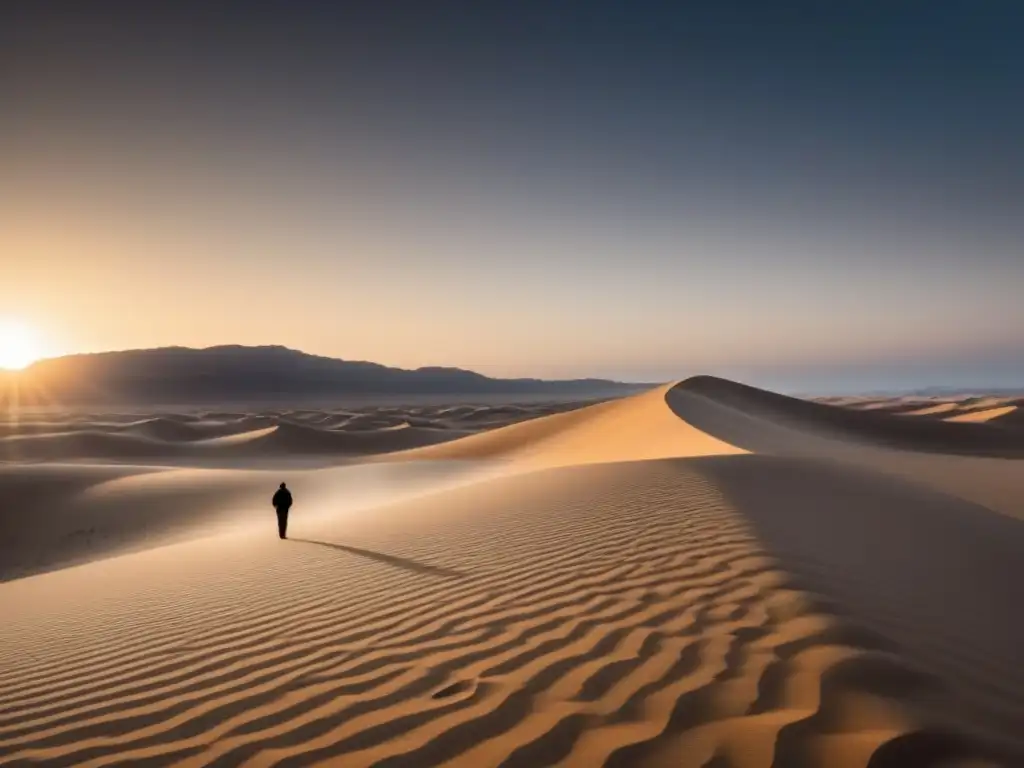 Silueta solitaria en desierto al atardecer