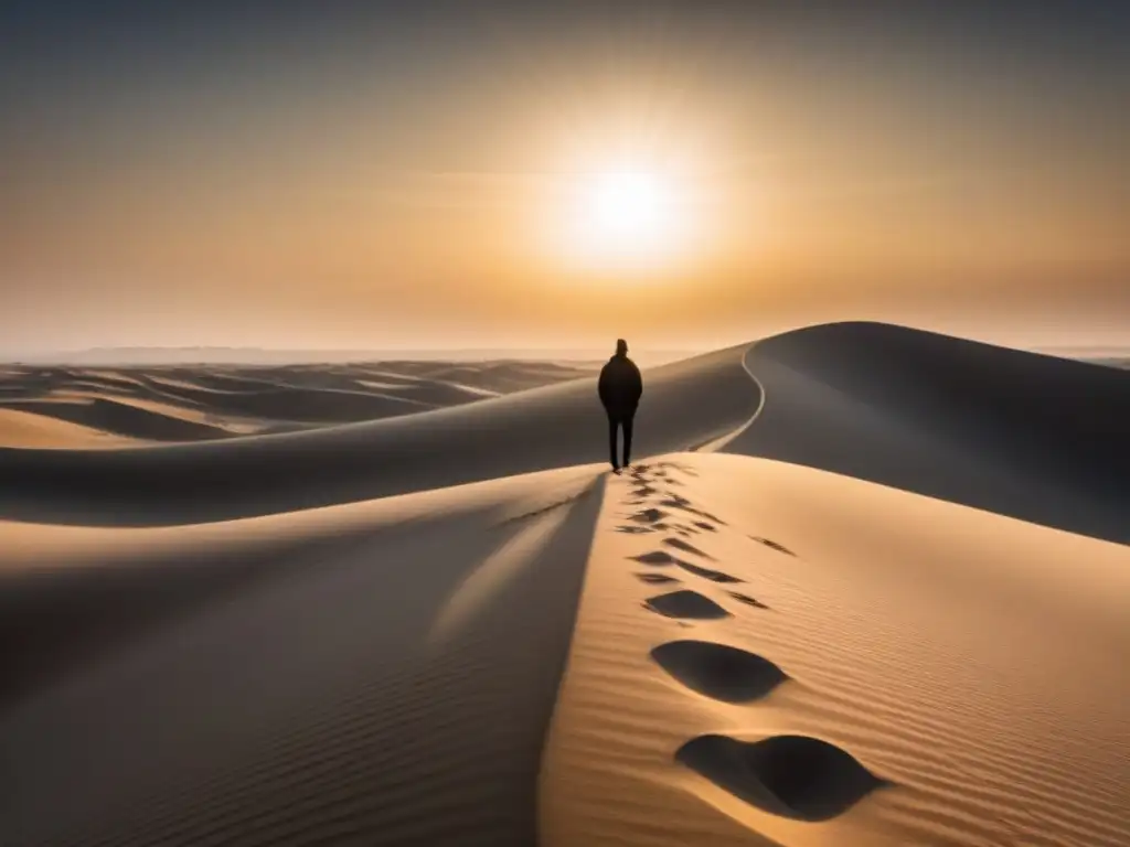 Silueta solitaria en desierto al atardecer, uso de hipérbole en poesía