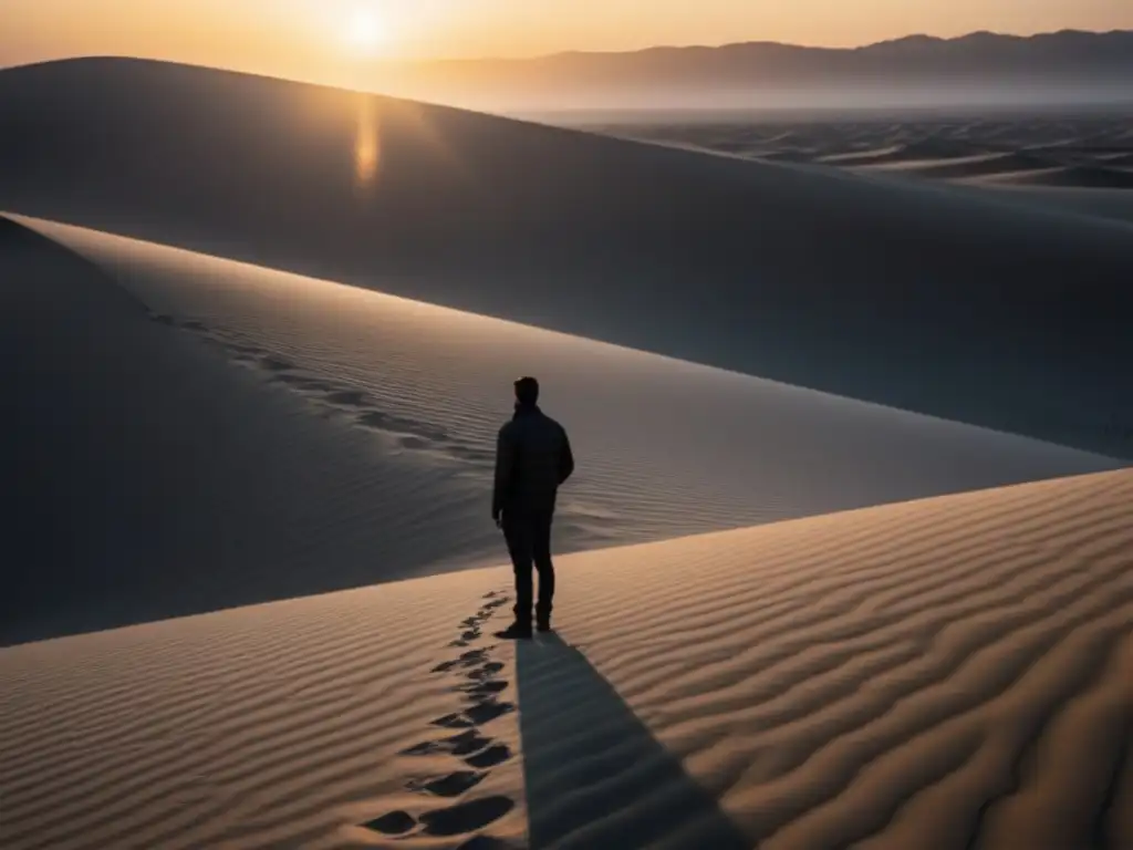 La silueta solitaria se destaca en el desierto al atardecer, reflejando el poder transformador de las palabras