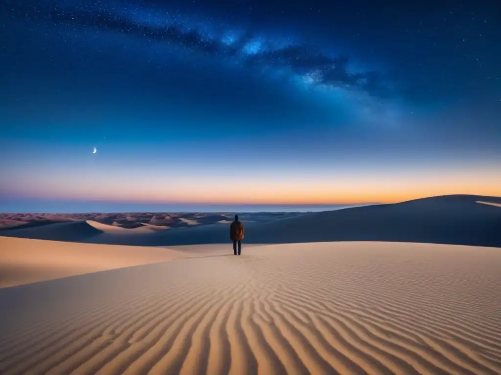 Silueta solitaria en desierto estrellado, refleja transformación a través de la poesía