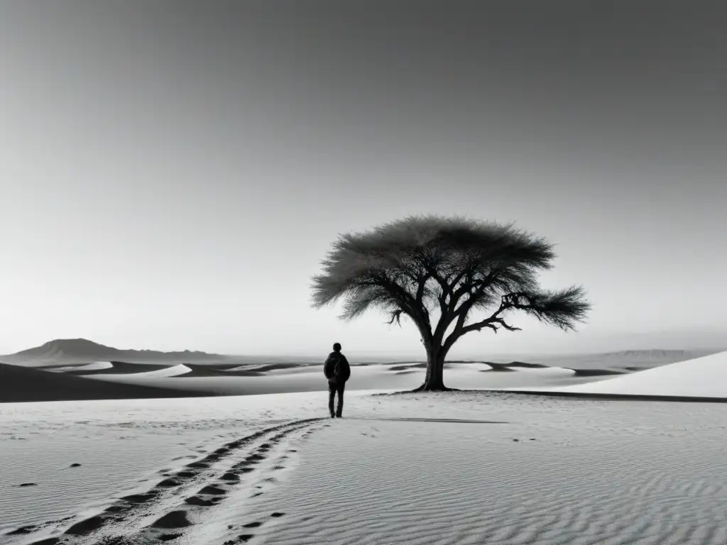 Silueta solitaria en desierto infinito, árbol lejano anhelando