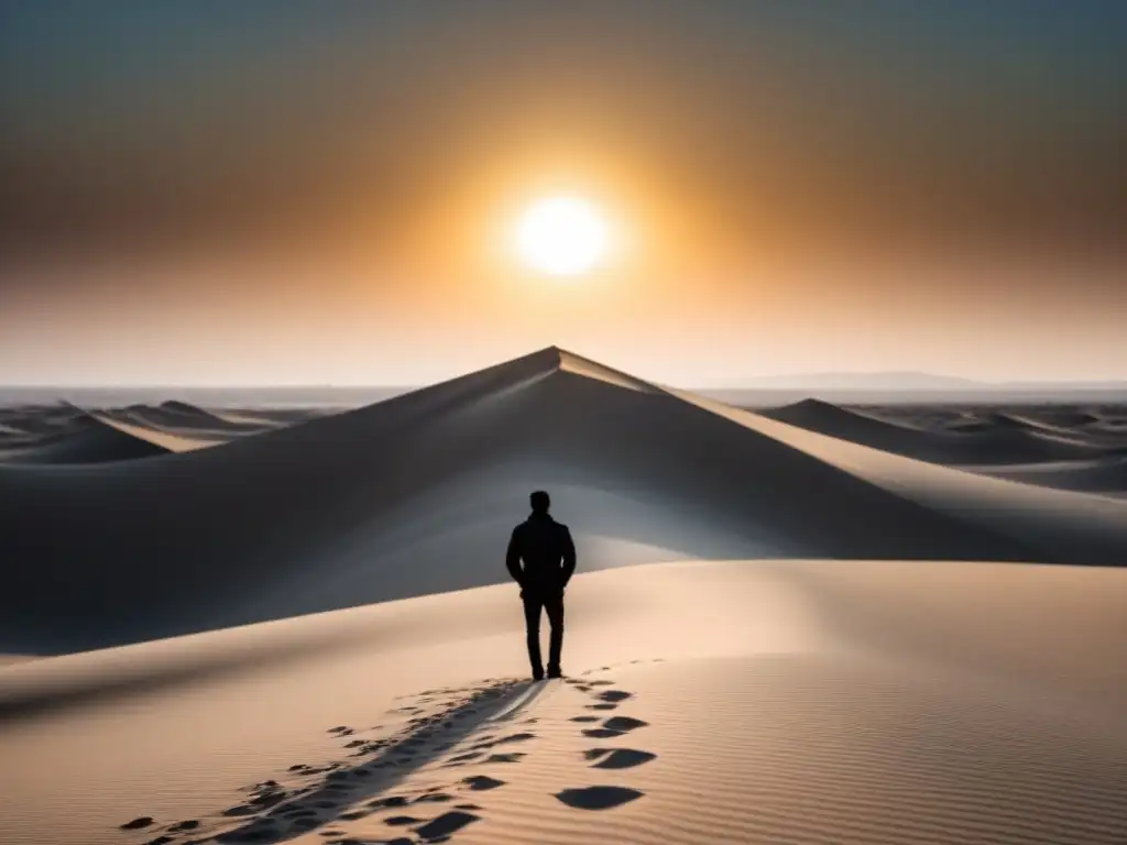 Silueta solitaria en desierto vacío al atardecer