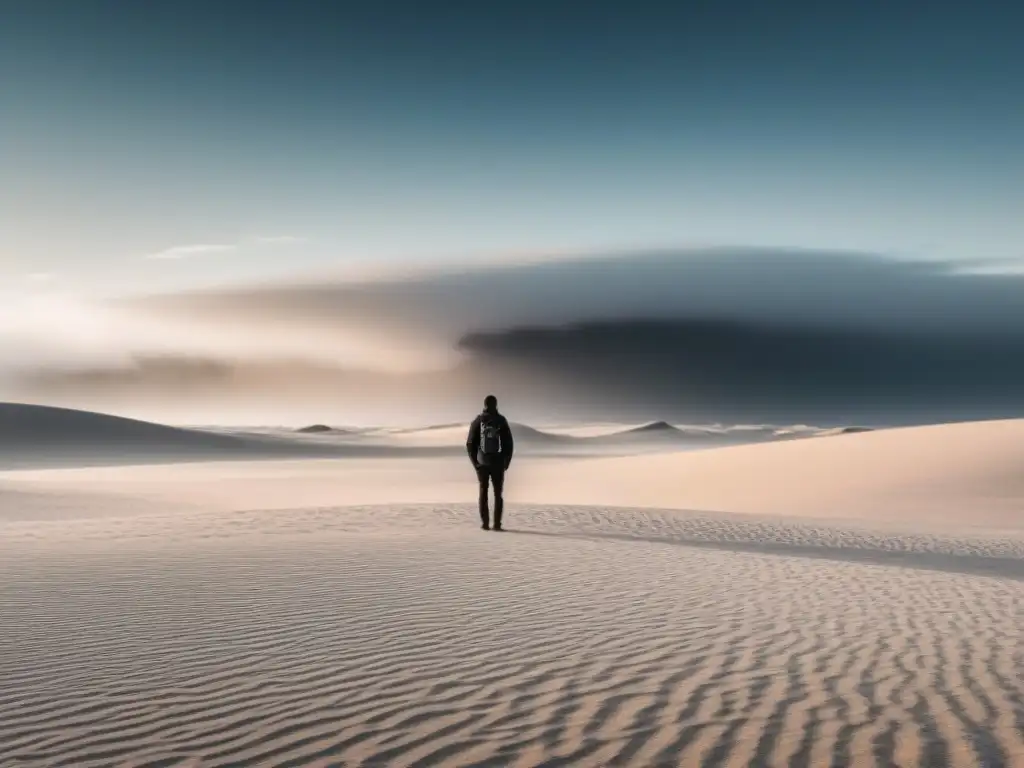 Silueta solitaria en desierto vasto, evocando introspección