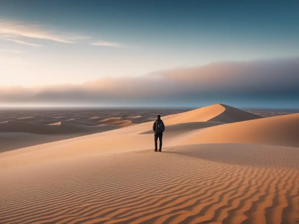 Silueta solitaria en un desierto vasto, evocando la diáspora en poesía contemporánea