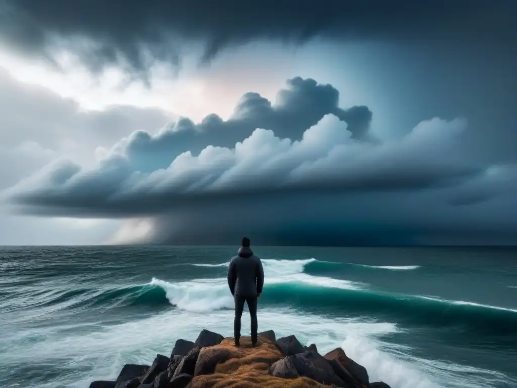 Silueta solitaria frente al mar, canalizando emociones intensas en versos mientras las nubes tormentosas se aproximan