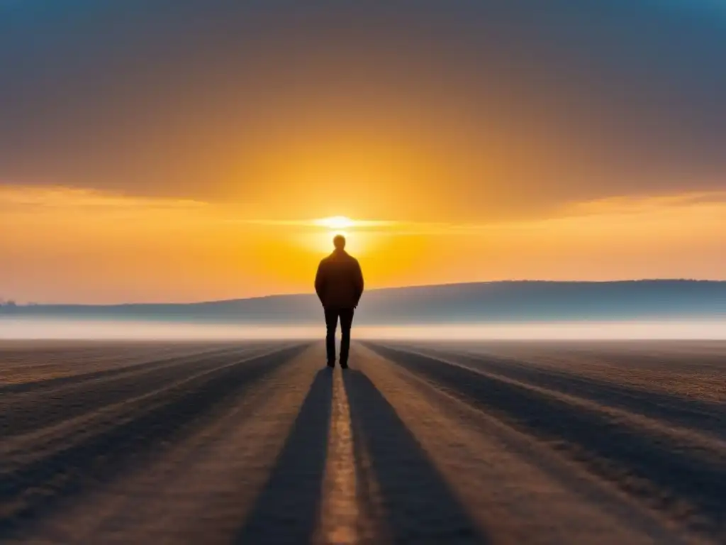 Silueta solitaria en llanura vacía al atardecer, reflejando el poder transformador de la elipsis en poesía