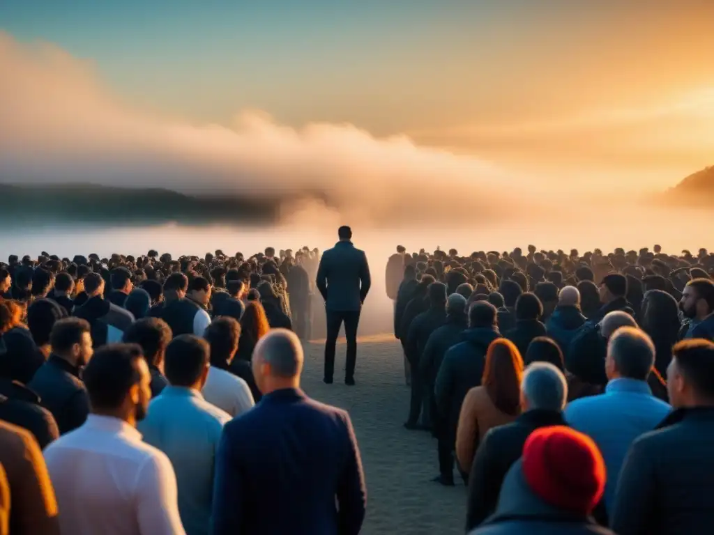 Silueta solitaria entre la multitud, rostros borrosos