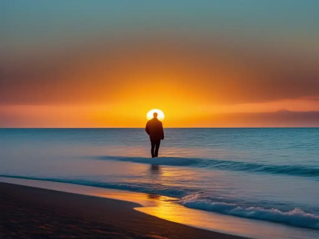 La silueta solitaria contempla el océano al atardecer, expresando emociones complejas en poesía