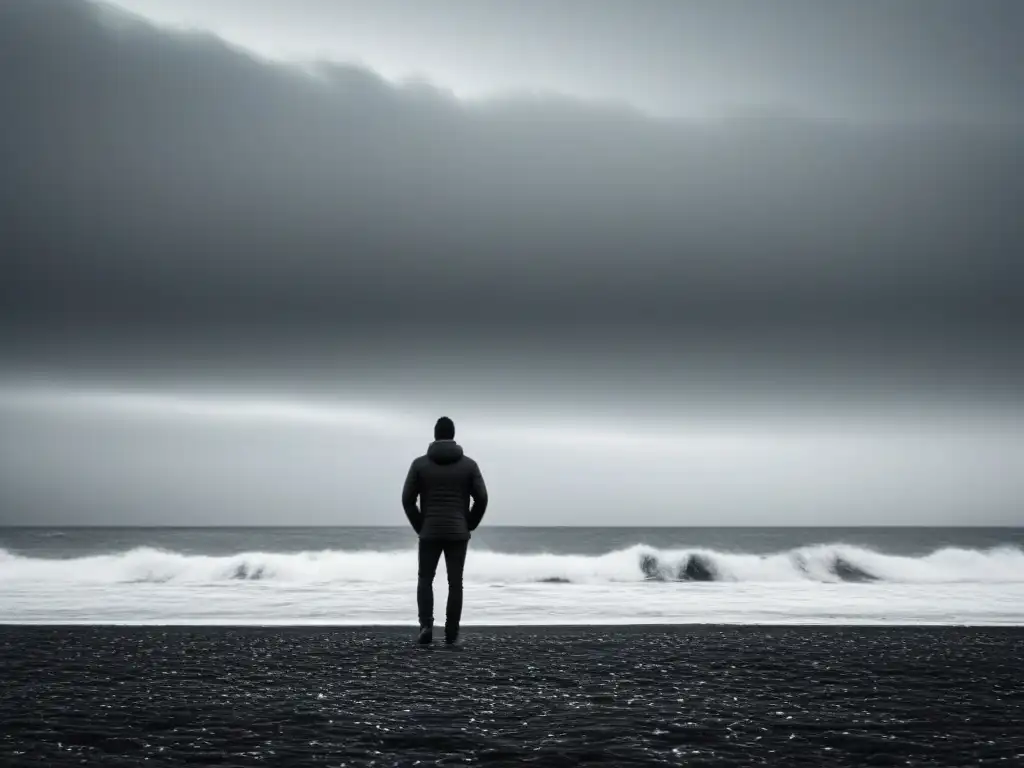 Silueta solitaria contemplando el vasto mar en la playa desierta, bajo un cielo nublado