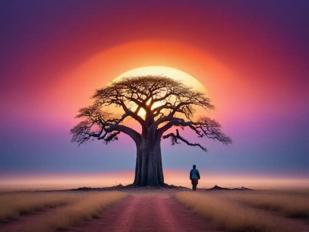 Silueta de baobab solitario en un vibrante atardecer africano, representa el renacimiento poético en poesía africana