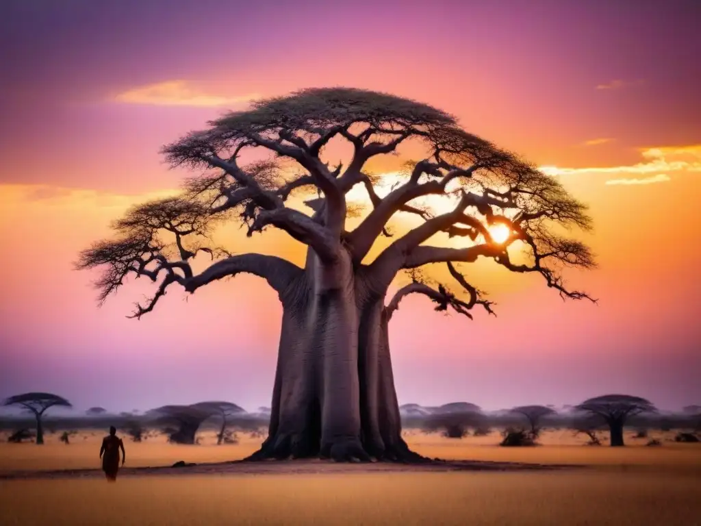 Silueta de baobab solitario en un vibrante atardecer africano, simbolizando la dualidad en poesía africana