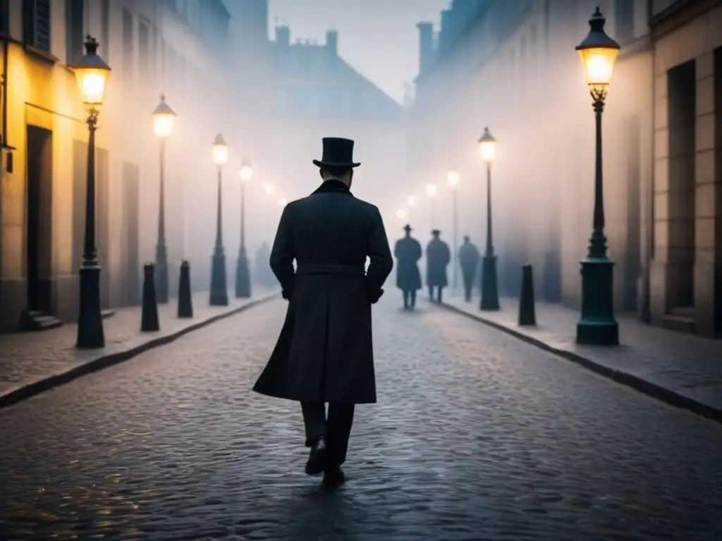 Silueta de Charles Baudelaire en París, con sombrero y abrigo, en la niebla